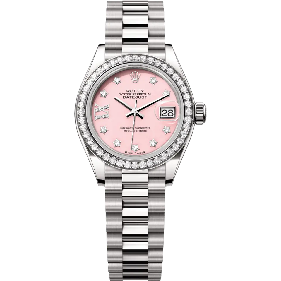 Rolex Lady-Datejust 279139RBR with a pink dial with diamond markers and a diamond-set bezel on a white gold President bracelet, front view