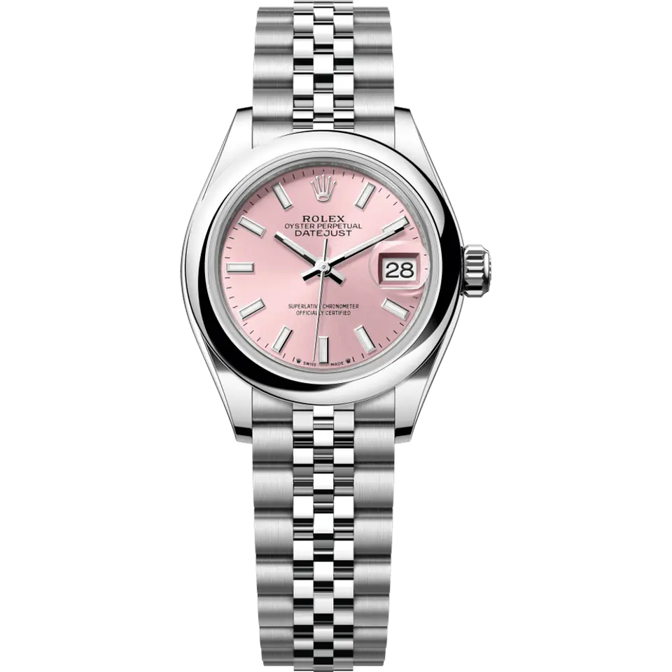 Rolex Lady-Datejust 279160 with a pink dial and a smooth steel bezel on a Jubilee bracelet, front view