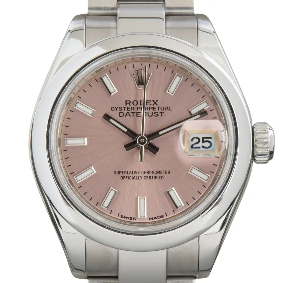 Rolex Lady-Datejust 279160 with a pink dial and a smooth steel bezel, a pre-owned example, studio close-up of the case