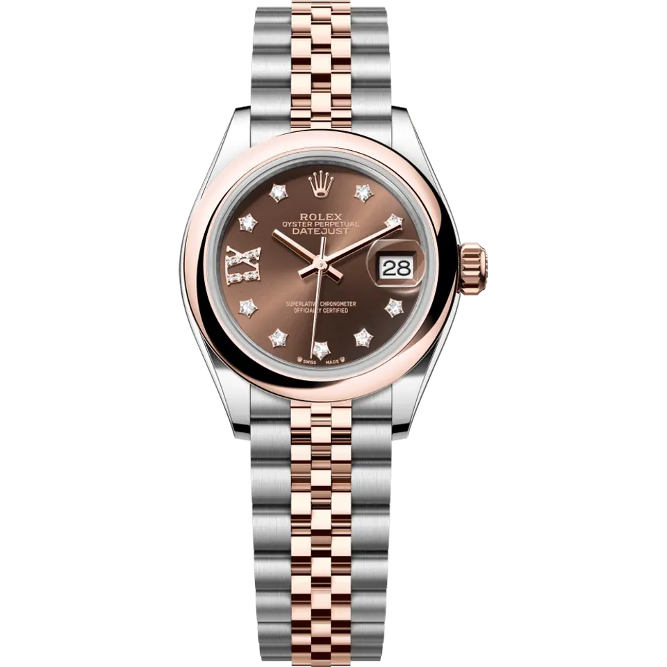 Rolex Lady-Datejust 279161 with a chocolate dial with diamond markers and a smooth Everose gold bezel on an Everose Rolesor Jubilee bracelet, front view