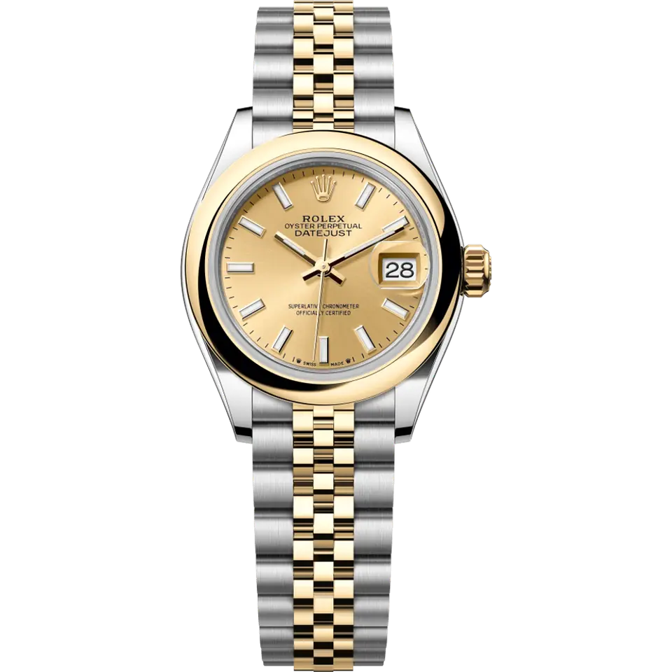 Rolex Lady-Datejust 279163 with a golden dial and a smooth yellow gold bezel on a yellow Rolesor Jubilee bracelet, front view