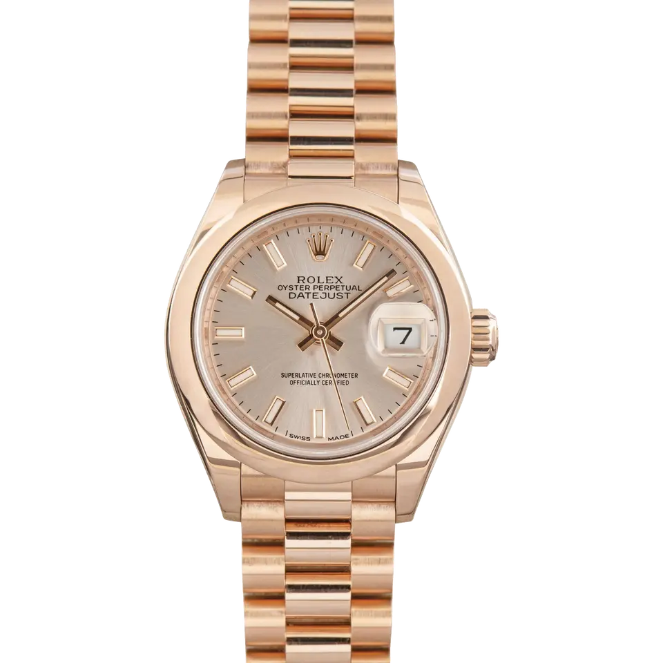 Rolex Lady-Datejust 279165 with a silver dial and smooth bezel in Everose gold on a President bracelet, a pre-owned example, front view of the whole watch
