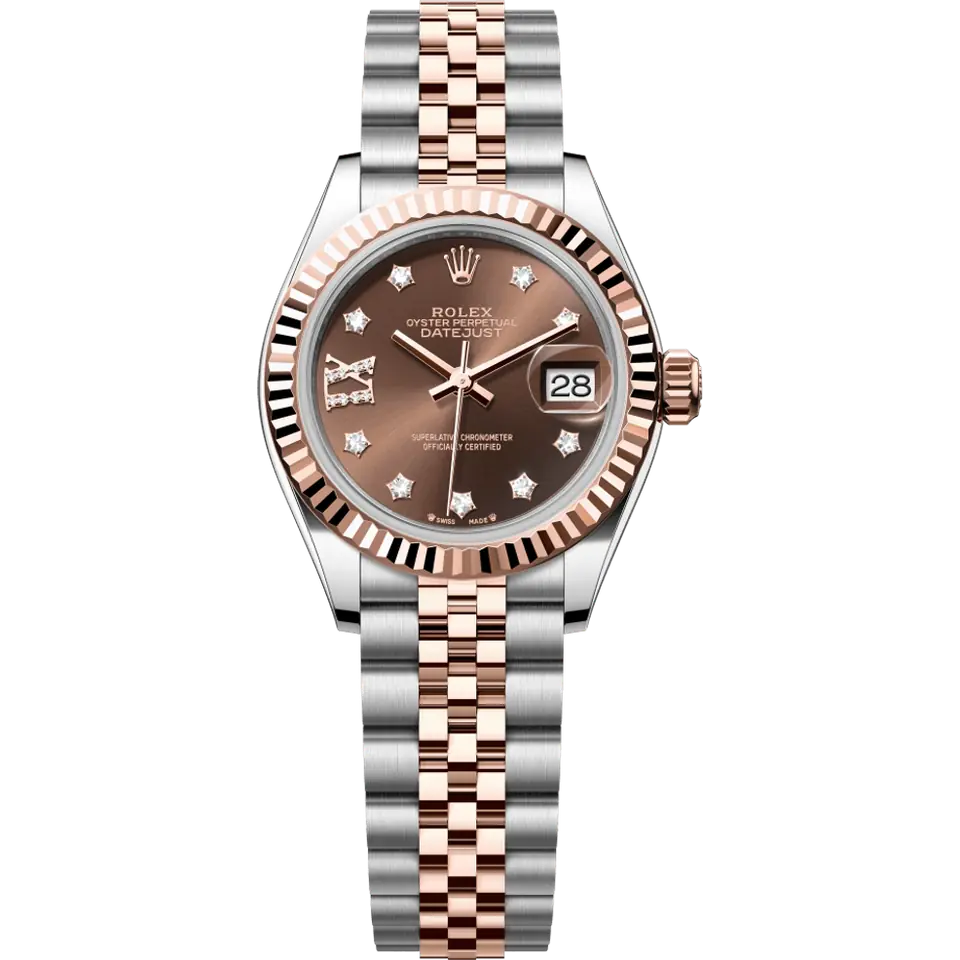 Rolex Lady-Datejust 279171 with a chocolate dial with diamond markers and a fluted Everose gold bezel on an Everose Rolesor Jubilee bracelet, front view