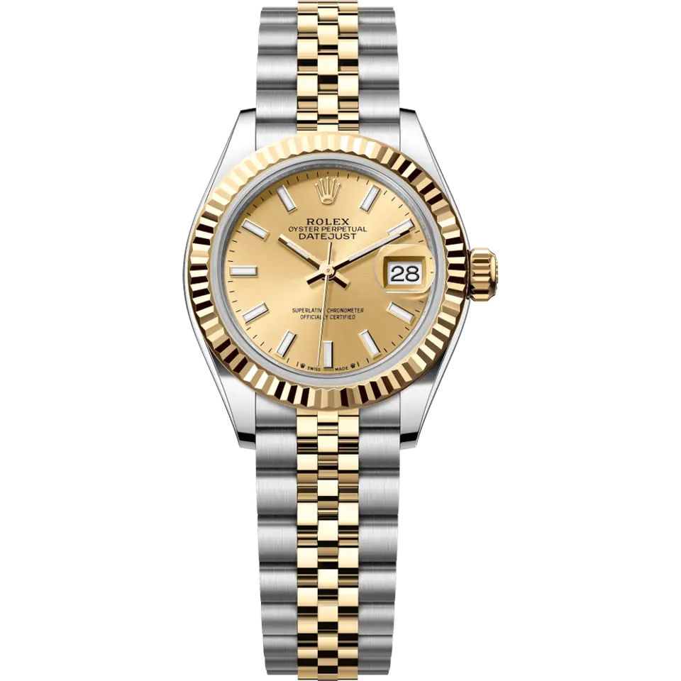 Rolex Lady-Datejust 279173 with a golden dial and a fluted yellow gold bezel on a yellow Rolesor Jubilee bracelet, front view