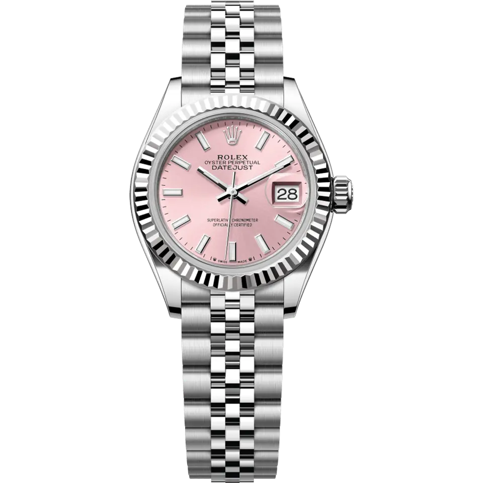 Rolex Lady-Datejust 279174 with a pink dial and a fluted white gold bezel on a Jubilee bracelet, front view