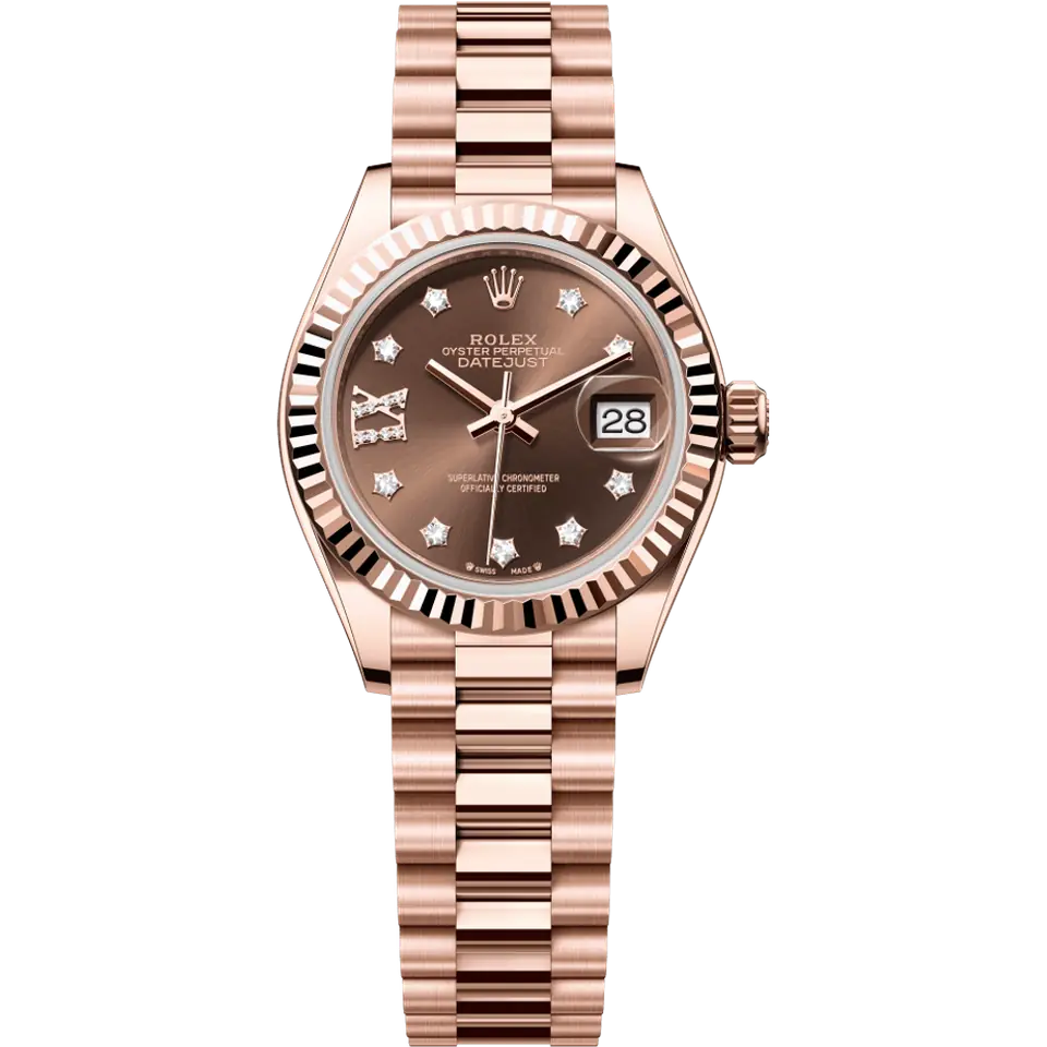 Rolex Lady-Datejust 279175 with a chocolate dial with diamond markers and a fluted Everose gold bezel on an Everose President bracelet, front view