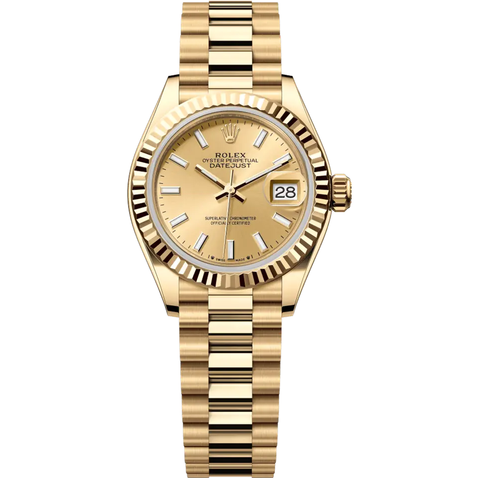 Rolex Lady-Datejust 279178 with a golden dial and a fluted yellow gold bezel on a yellow gold President bracelet, front view