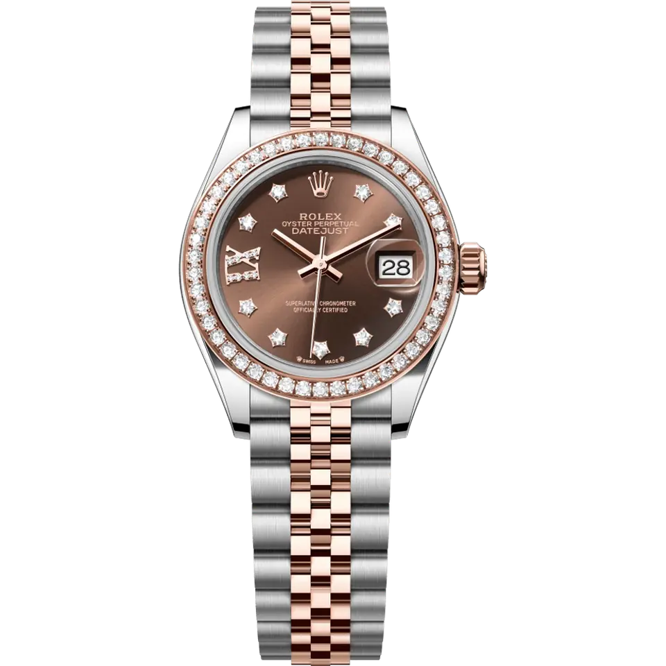 Rolex Lady-Datejust 279381RBR with a chocolate dial with diamond markers and a diamond-set Everose gold bezel on an Everose Rolesor Jubilee bracelet, front view