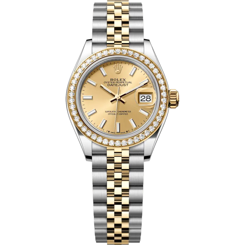 Rolex Lady-Datejust 279383RBR with a champagne dial and a diamond-set yellow gold bezel on a yellow Rolesor Jubilee bracelet, front view