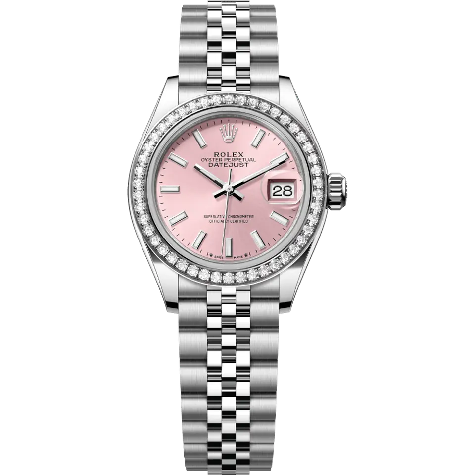 Rolex Lady-Datejust 279384RBR with a pink dial and a diamond-set white gold bezel on a Jubilee bracelet, front view