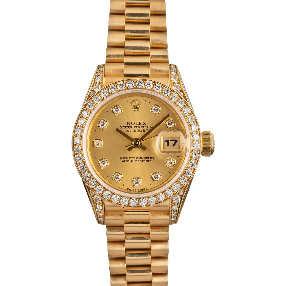 Rolex Lady-Datejust 26 69158 with a champagne dial with diamond hour markers, diamond-set bezel, diamond-set lugs and yellow gold President bracelet, a pre-owned example, front view of the whole watch
