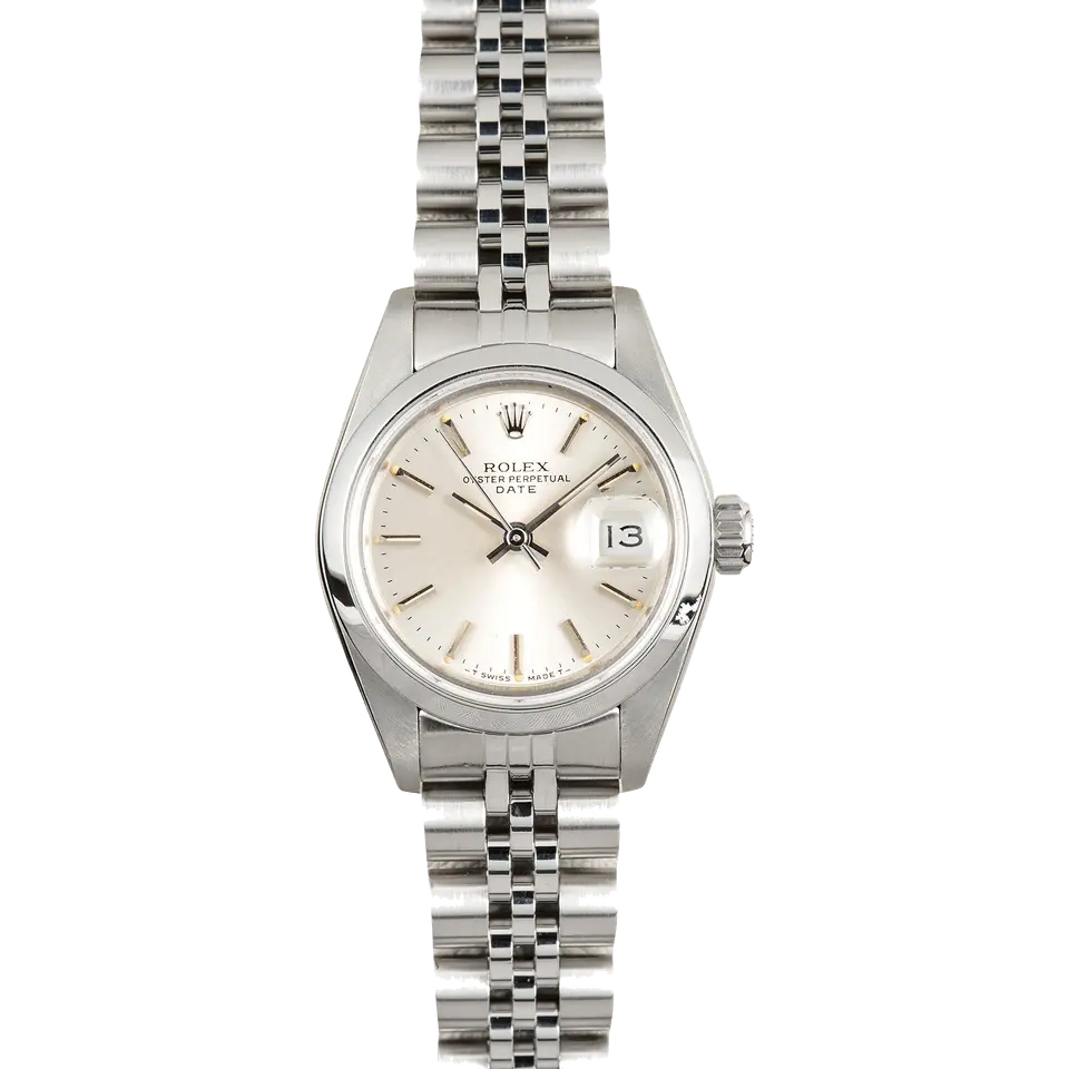 Rolex Lady-Datejust 69160 with a silver dial and smooth steel bezel on a Jubilee bracelet, a pre-owned example, front view of the whole watch