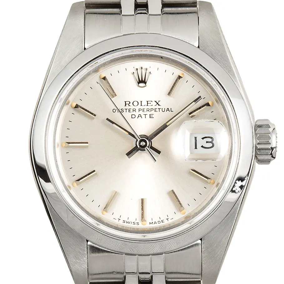 Rolex Lady-Datejust 69160 with a silver dial and smooth steel bezel on a Jubilee bracelet, a pre-owned example, studio close-up of the case