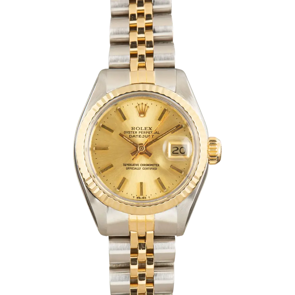 Rolex Lady-Datejust 6917 with a champagne dial and fluted yellow gold bezel in steel and yellow gold on a Jubilee bracelet, a pre-owned example, front view of the whole watch