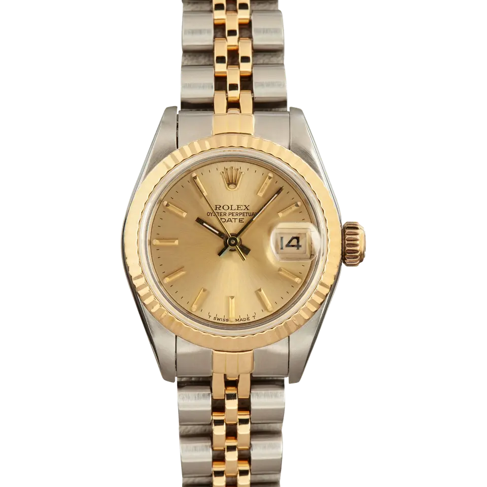 Rolex Lady-Datejust 69173 with a champagne dial and fluted yellow gold bezel in steel and yellow gold on a Jubilee bracelet, a pre-owned example, front view of the whole watch