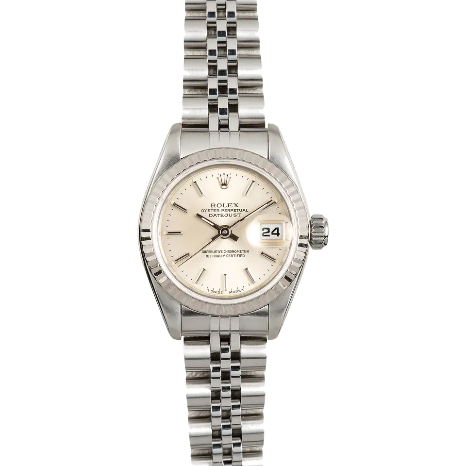 Rolex Lady-Datejust 69174 with a silver dial and fluted white gold bezel on a steel Jubilee bracelet, a pre-owned example, front view of the whole watch