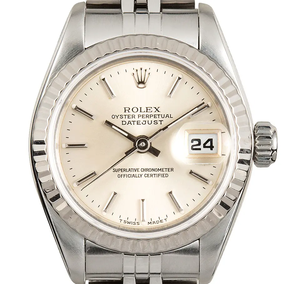 Rolex Lady-Datejust 69174 with a silver dial and fluted white gold bezel on a steel Jubilee bracelet, a pre-owned example, studio close-up of the case