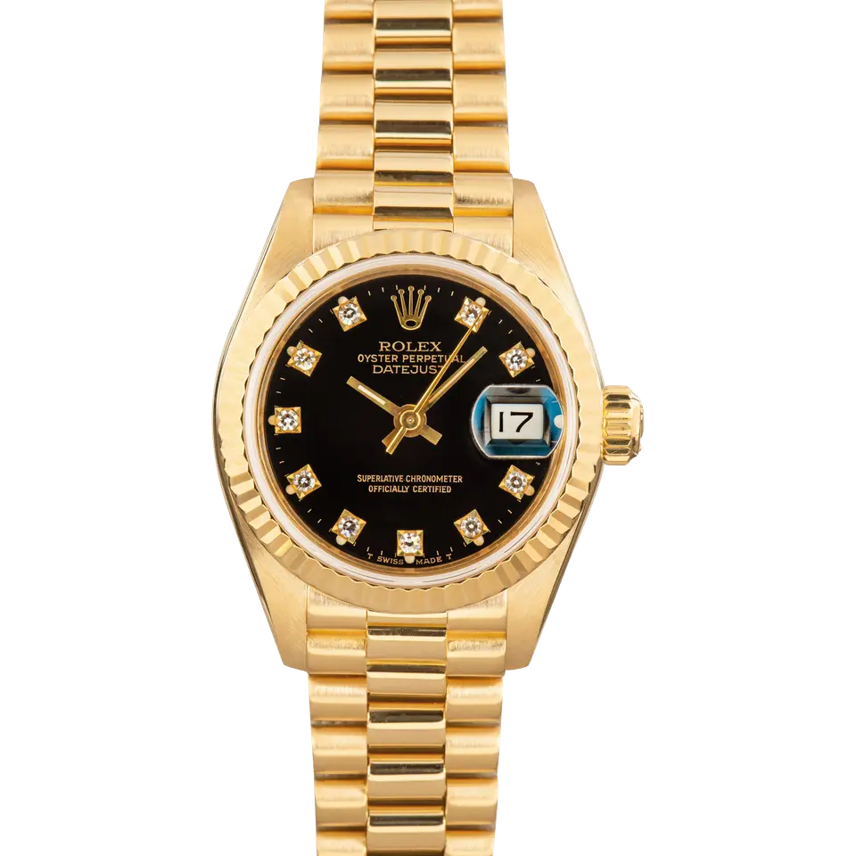 Rolex Lady-Datejust 69178 with a black dial with diamond markers and fluted bezel in yellow gold on a President bracelet, a pre-owned example, front view of the whole watch