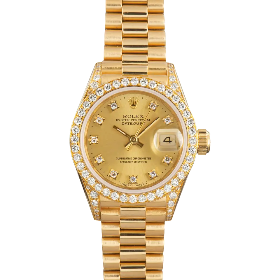 Rolex Lady-Datejust 69188 with a champagne dial with diamond hour markers, diamond-set bezel, diamond-set lugs and yellow gold President bracelet, a pre-owned example, front view of the whole watch