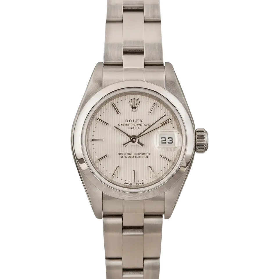 Rolex Lady-Datejust 79160 with a silver dial and smooth steel bezel on an Oyster bracelet, a pre-owned example, front view of the whole watch