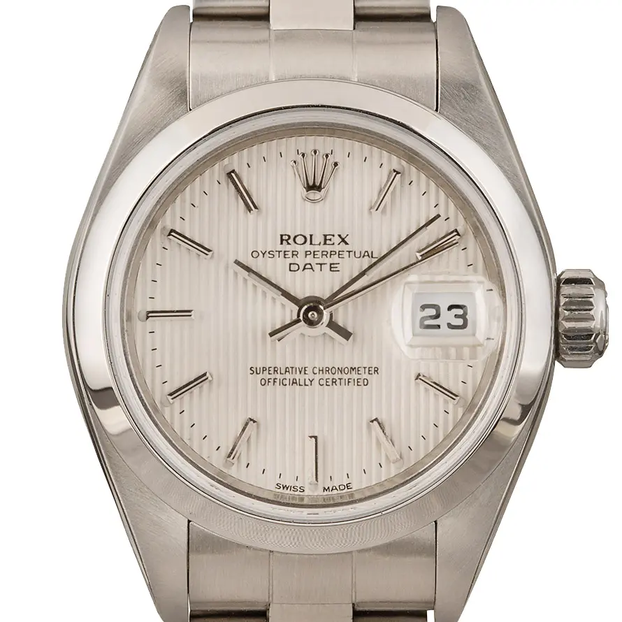 Rolex Lady-Datejust 79160 with a silver dial and smooth steel bezel on an Oyster bracelet, a pre-owned example, studio close-up of the case