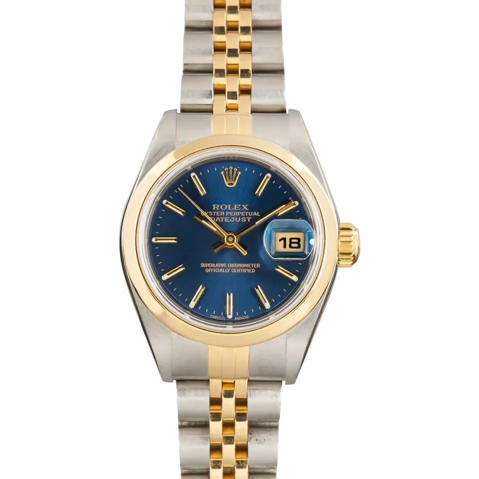 Rolex Lady-Datejust 26 79163 with a blue dial, smooth yellow gold bezel and steel and gold Jubilee bracelet, a pre-owned example, front view of the whole watch
