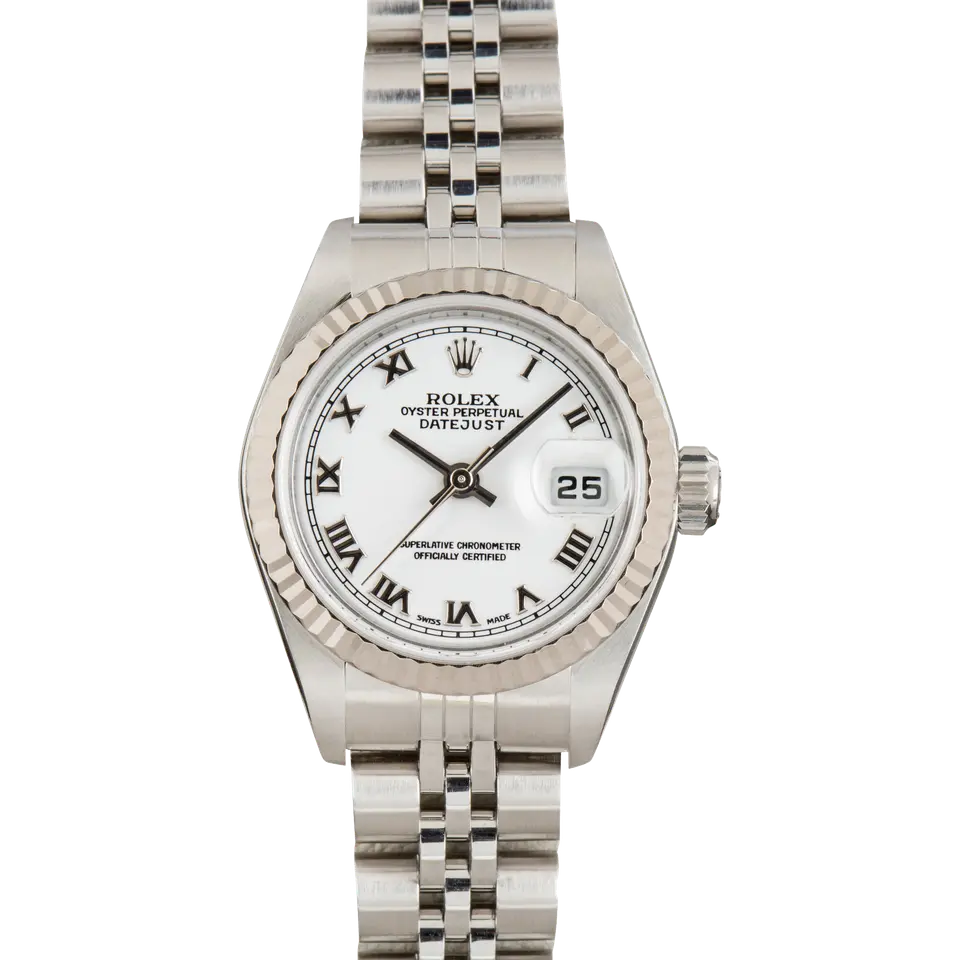Rolex Lady-Datejust 79174 with a white dial with Roman numerals and fluted white gold bezel on a steel Jubilee bracelet, a pre-owned example, front view of the whole watch