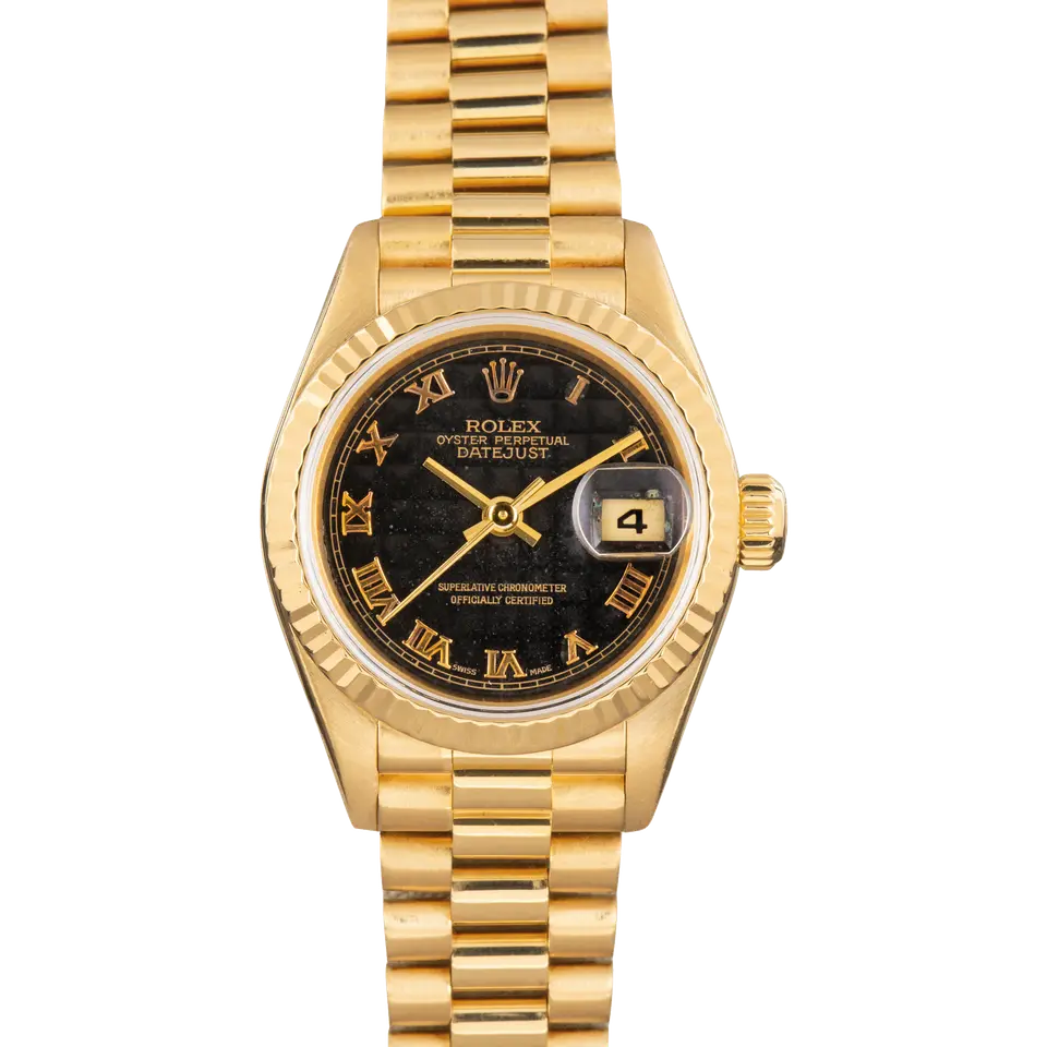 Rolex Lady-Datejust 26 79178 with a black Roman-numeral dial, fluted yellow gold bezel and yellow gold President bracelet, a pre-owned example, front view of the whole watch