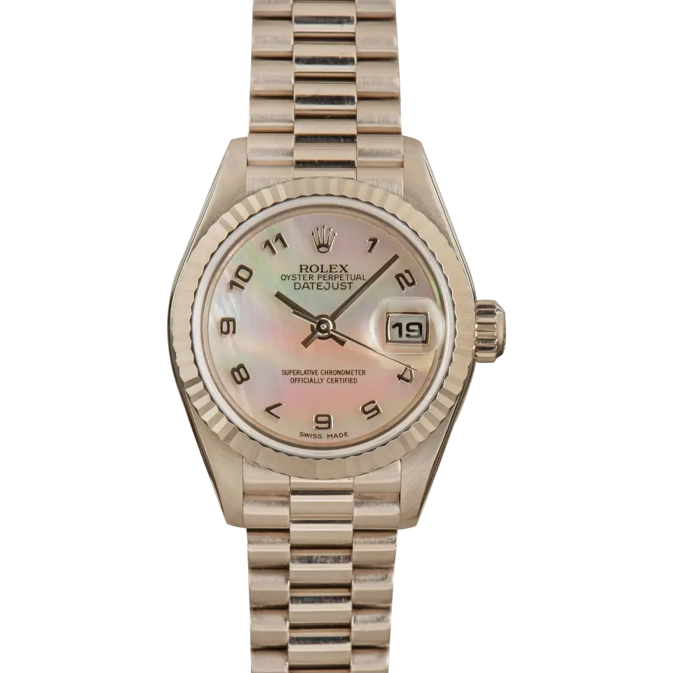 Rolex Lady-Datejust 79179 with a mother-of-pearl Arabic-numeral dial, fluted white gold bezel and white gold President bracelet, a pre-owned example, front view of the whole watch