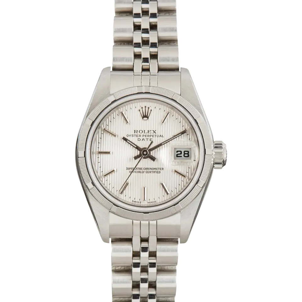 Rolex Lady-Datejust 79190 with a silver dial and engine-turned steel bezel on a Jubilee bracelet, a pre-owned example, front view of the whole watch