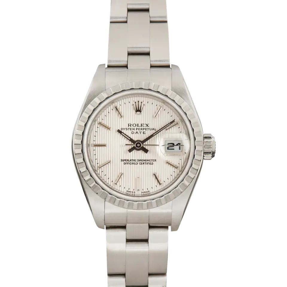 Rolex Lady-Datejust 79240 with a silver tapestry dial, engine-turned steel bezel and steel Oyster bracelet, a pre-owned example, front view of the whole watch