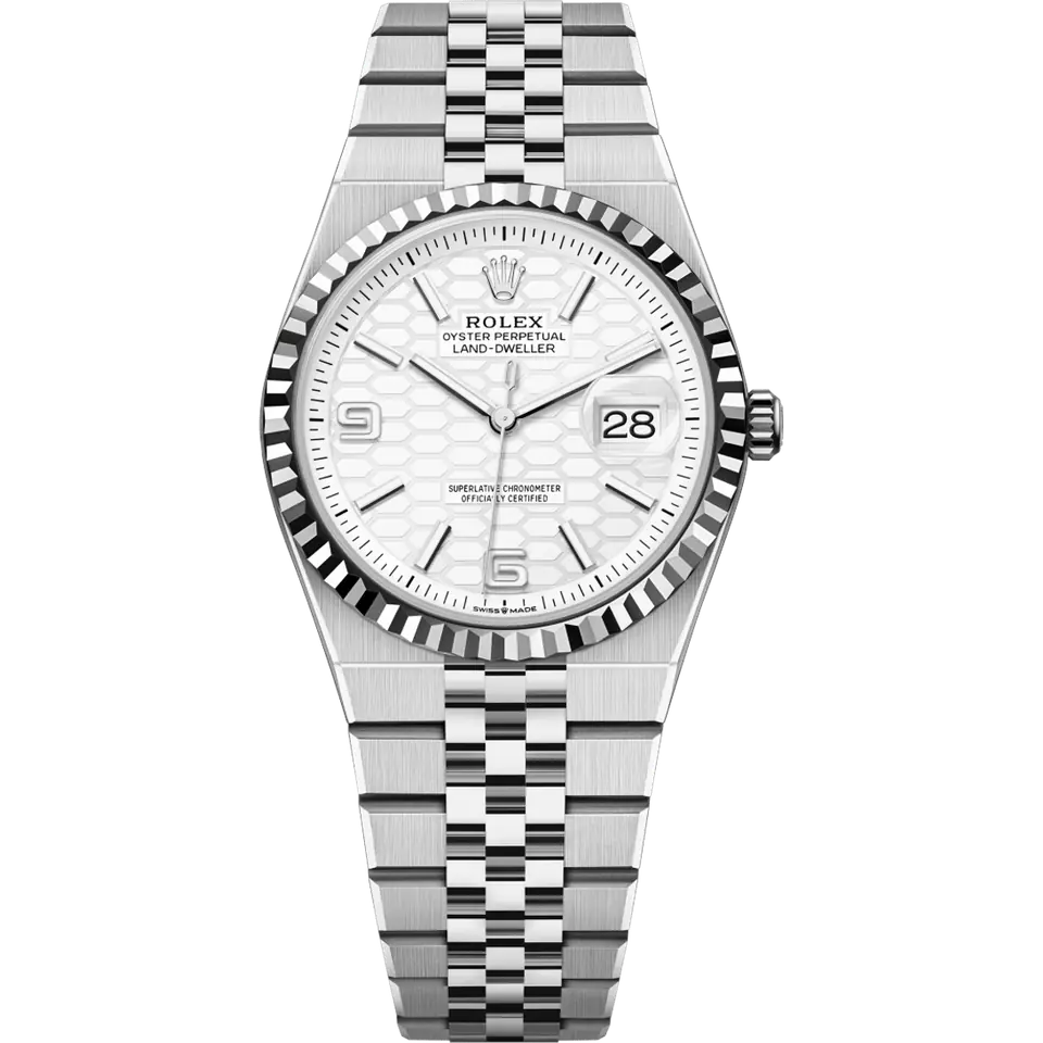Rolex Land-Dweller 127234 in steel and white gold with an intense white honeycomb-motif dial, fluted white gold bezel and Flat Jubilee bracelet, front view