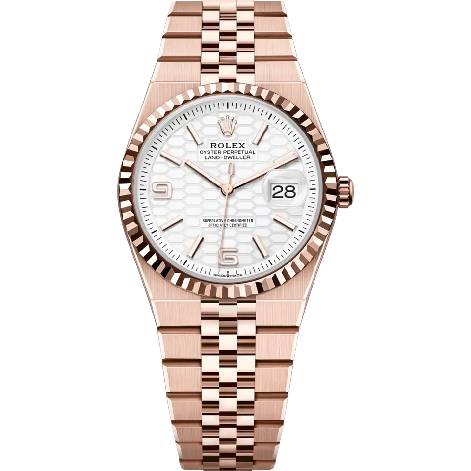 Rolex Land-Dweller 127235 in 18k Everose gold with an intense white honeycomb-motif dial, fluted Everose gold bezel and Flat Jubilee bracelet, front view