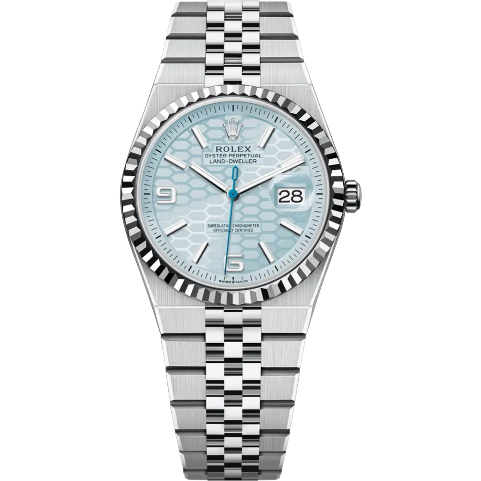 Rolex Land-Dweller 127236 in platinum with an ice-blue honeycomb-motif dial, fluted platinum bezel and Flat Jubilee bracelet, front view