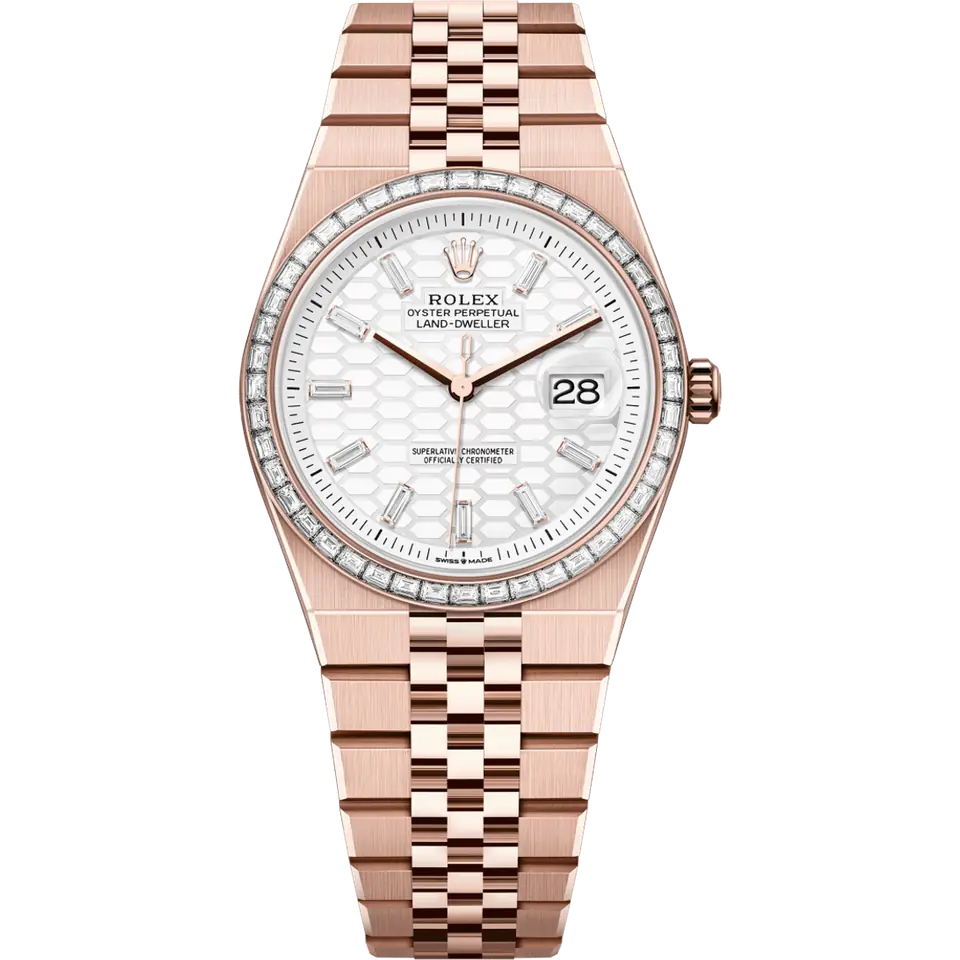 Rolex Land-Dweller 127285TBR in 18k Everose gold with an intense white honeycomb-motif dial with diamond markers, baguette-diamond bezel and Flat Jubilee bracelet, front view