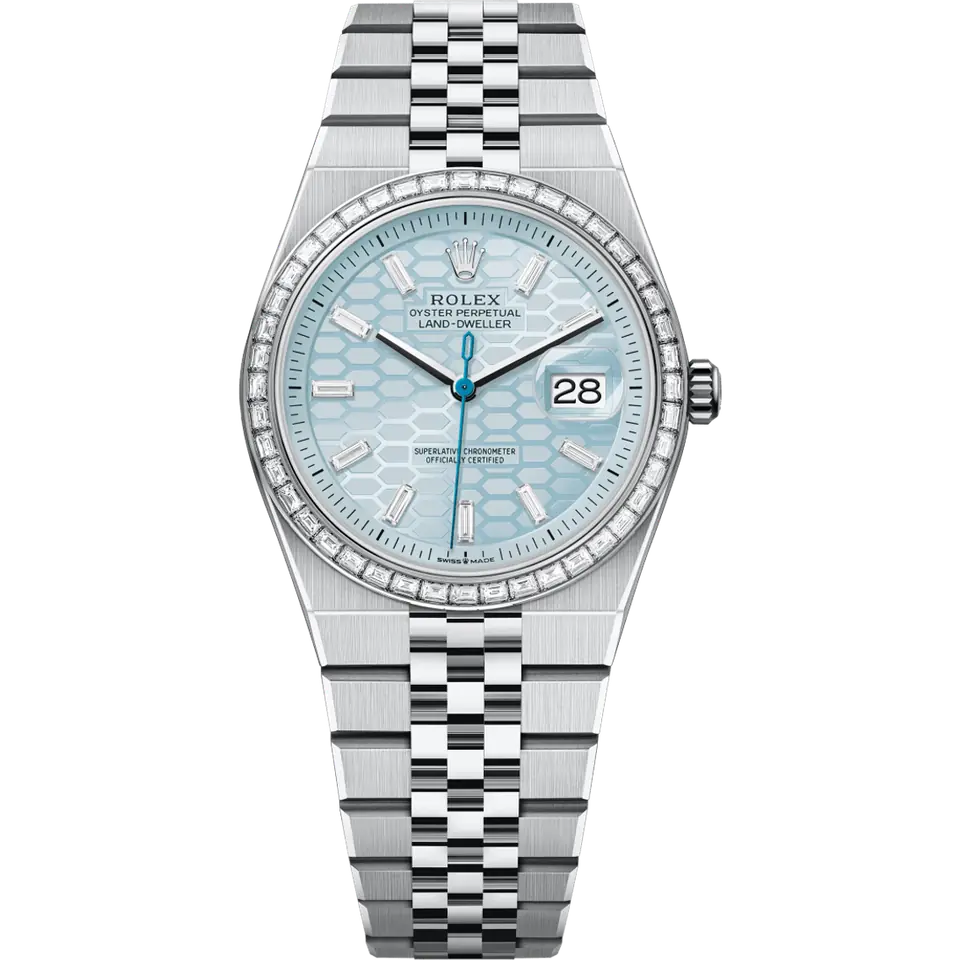 Rolex Land-Dweller 127286TBR in platinum with an ice-blue honeycomb-motif dial with diamond markers, baguette-diamond bezel and Flat Jubilee bracelet, front view