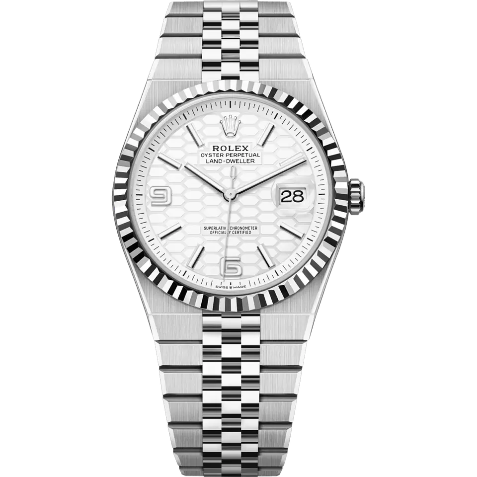 Rolex Land-Dweller 127334 in steel and white gold with an intense white honeycomb-motif dial, fluted white gold bezel and Flat Jubilee bracelet, front view