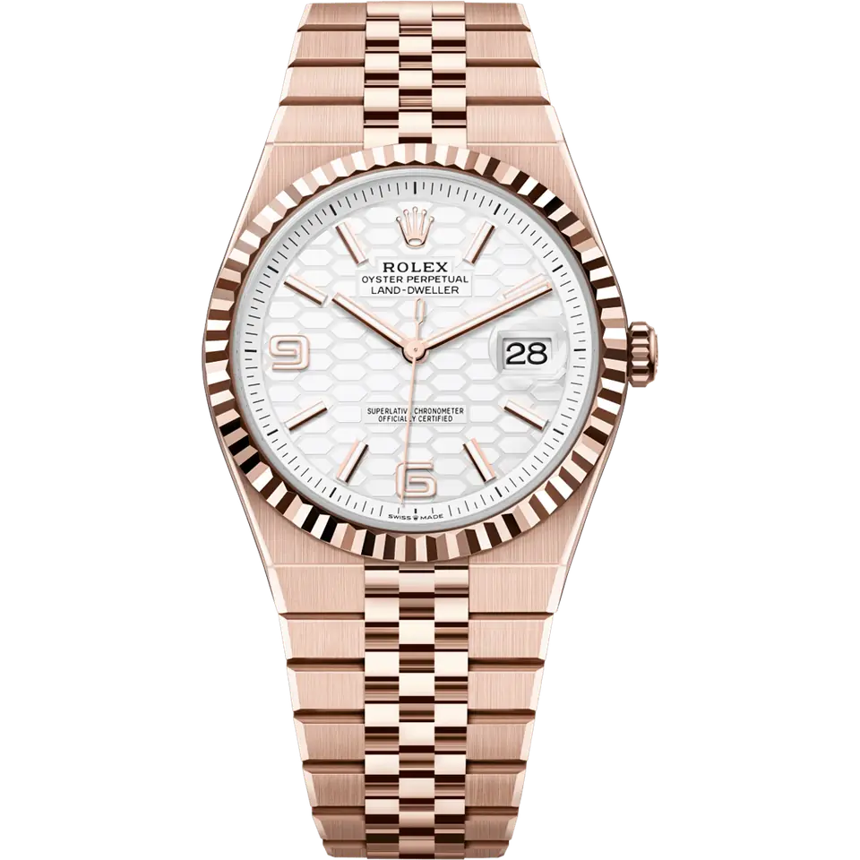 Rolex Land-Dweller 127335 in 18k Everose gold with an intense white honeycomb-motif dial, fluted Everose gold bezel and Flat Jubilee bracelet, front view