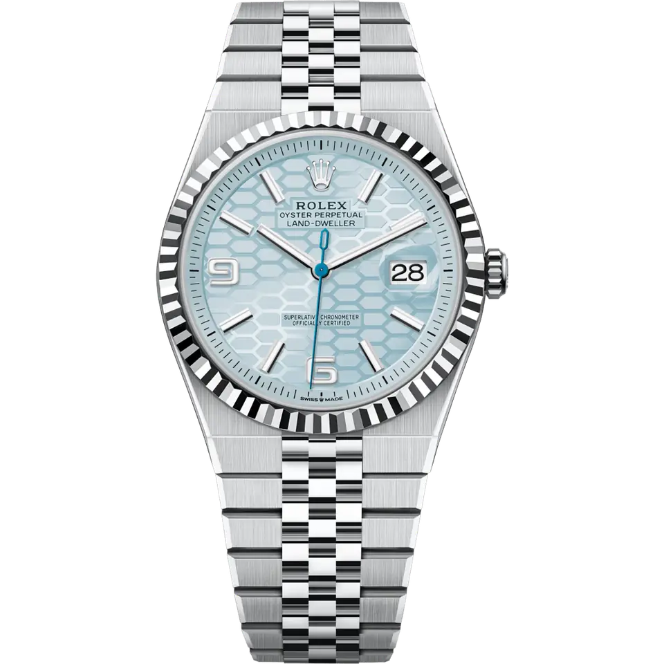 Rolex Land-Dweller 127336 in platinum with an ice-blue honeycomb-motif dial, fluted platinum bezel and Flat Jubilee bracelet, front view