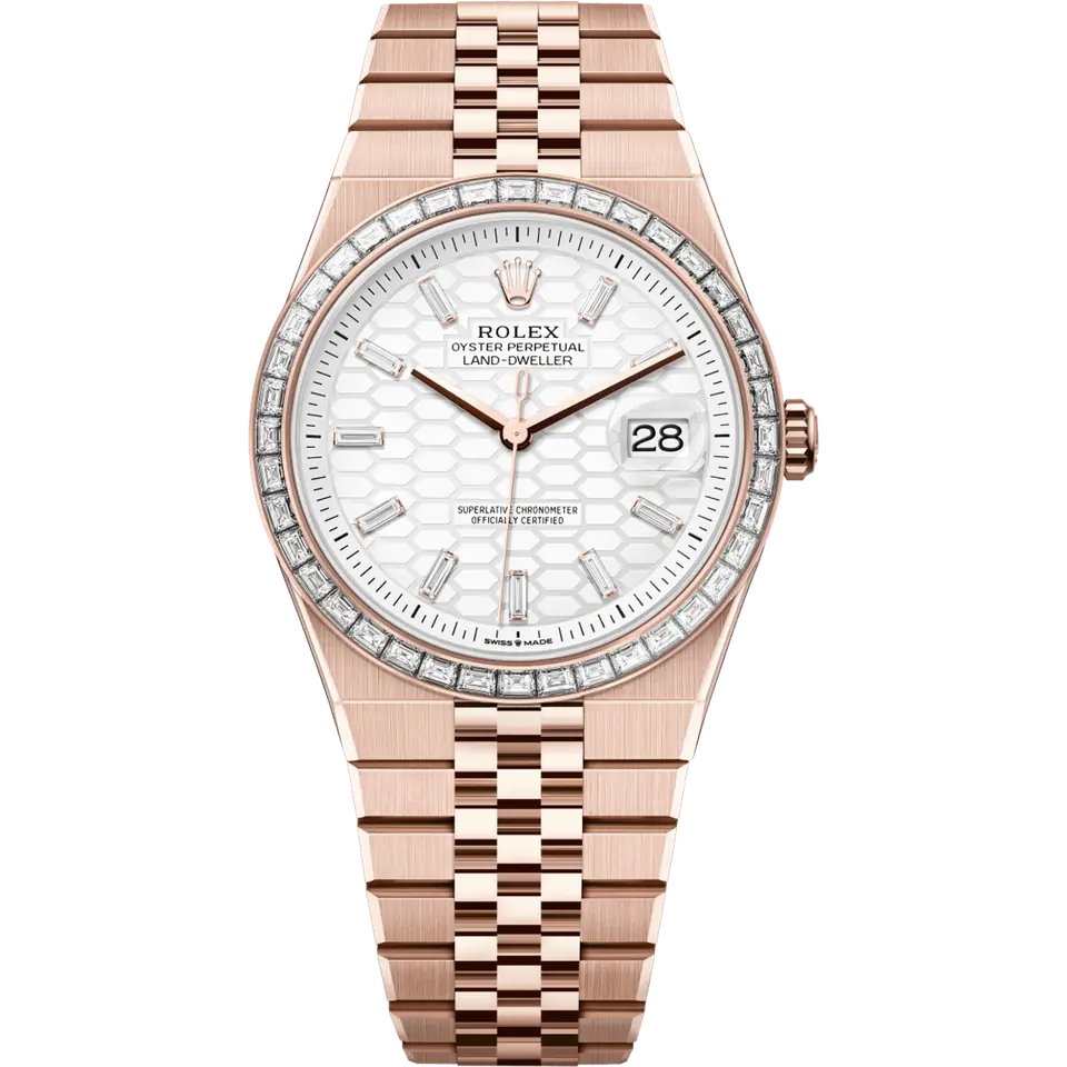 Rolex Land-Dweller 127385TBR in 18k Everose gold with an intense white honeycomb-motif dial with diamond markers, baguette-diamond bezel and Flat Jubilee bracelet, front view