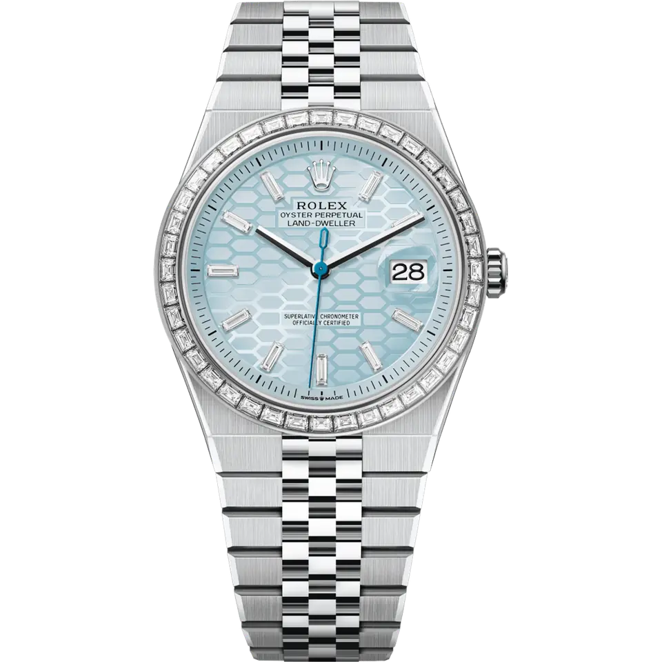 Rolex Land-Dweller 127386TBR in platinum with an ice-blue honeycomb-motif dial with diamond markers, baguette-diamond bezel and Flat Jubilee bracelet, front view