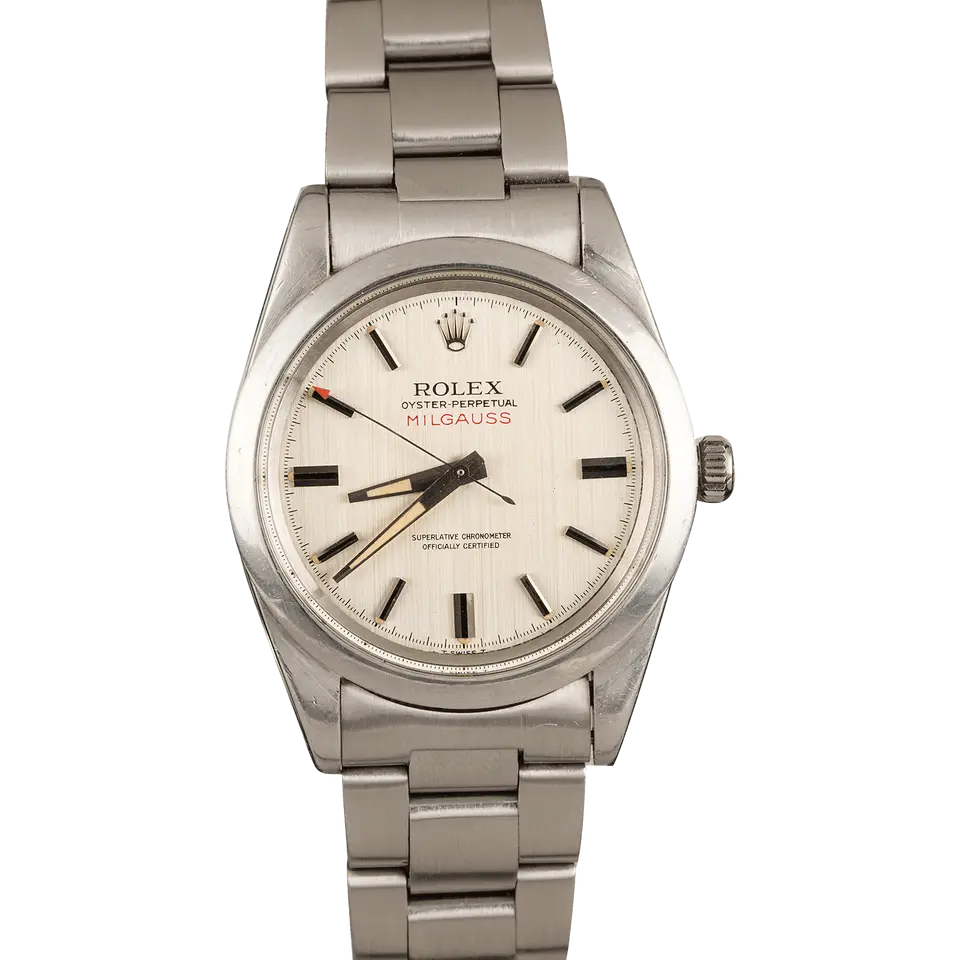 Rolex Milgauss 1019 with a silver dial and smooth steel bezel on an Oyster bracelet, a pre-owned example, front view of the whole watch