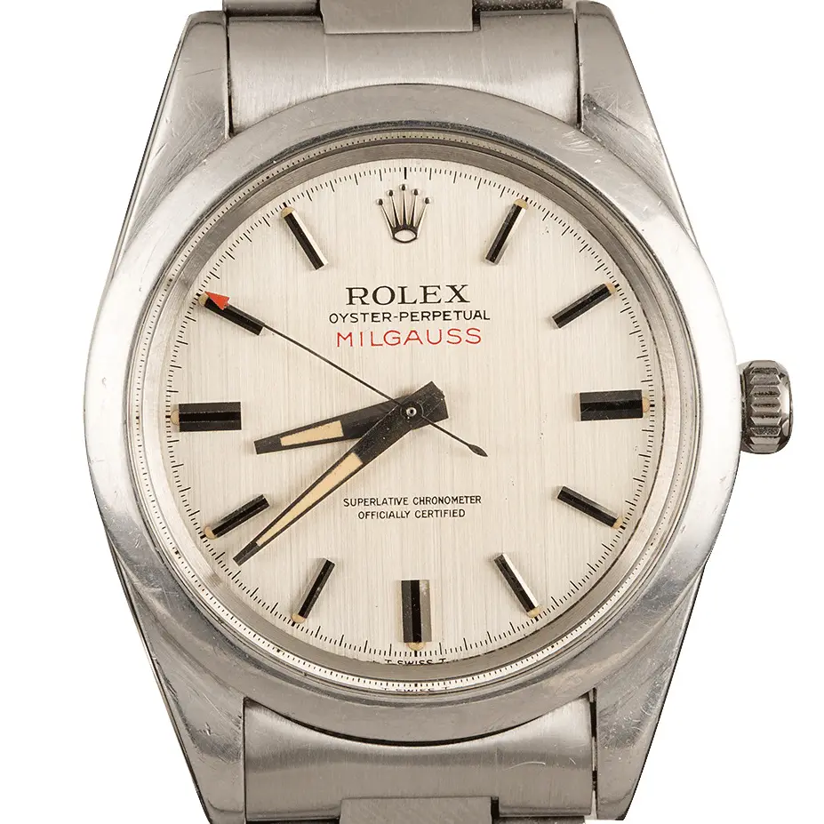 Rolex Milgauss 1019 with a silver dial and smooth steel bezel on an Oyster bracelet, a pre-owned example, studio close-up of the case