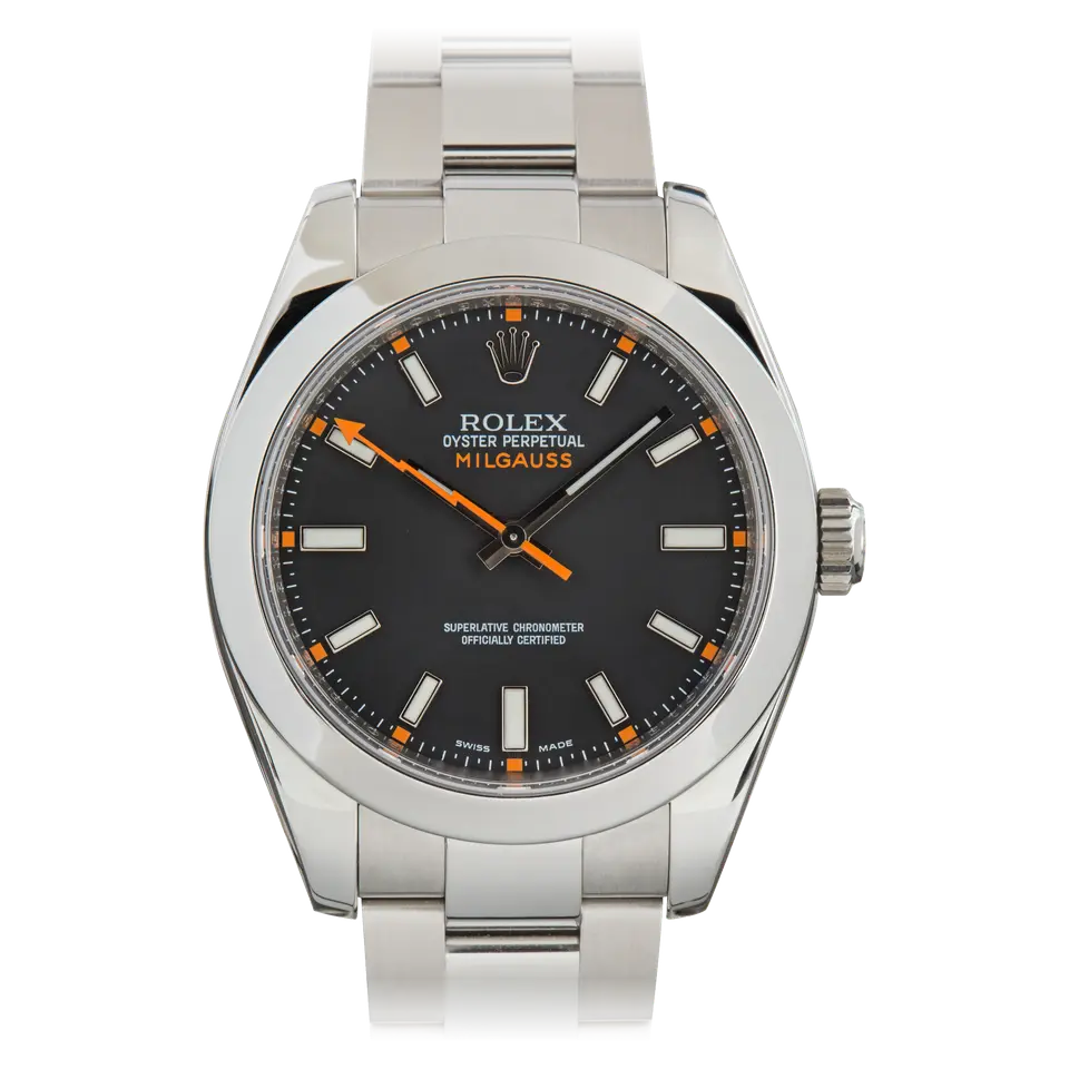 Rolex Milgauss 116400 with a black dial with orange accents and smooth steel bezel on an Oyster bracelet, a pre-owned example, front view of the whole watch