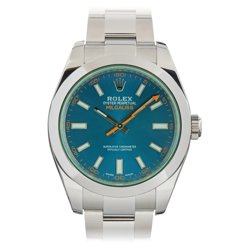 Rolex Milgauss 116400GV with a Z-Blue dial with an orange lightning-bolt seconds hand under a green crystal, smooth steel bezel and Oyster bracelet, a pre-owned example, front view of the whole watch
