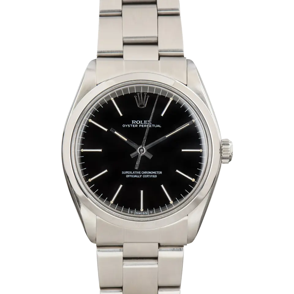 Rolex Oyster Perpetual 1002 with a black dial, smooth steel bezel and steel Oyster bracelet, a pre-owned example, front view of the whole watch