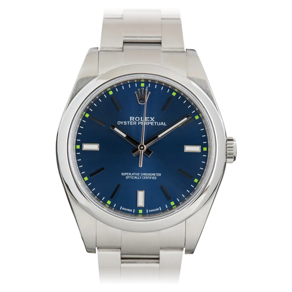 Rolex Oyster Perpetual 39 114300 with a blue dial and smooth steel bezel on an Oyster bracelet, a pre-owned example, front view of the whole watch