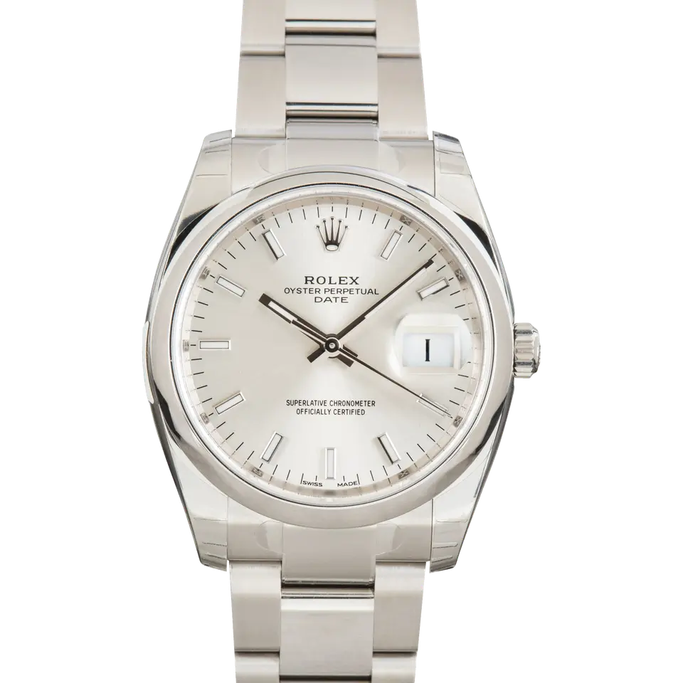 Rolex Oyster Perpetual Date 34 115200 with a silver dial with date window and smooth steel bezel on an Oyster bracelet, a pre-owned example, front view of the whole watch