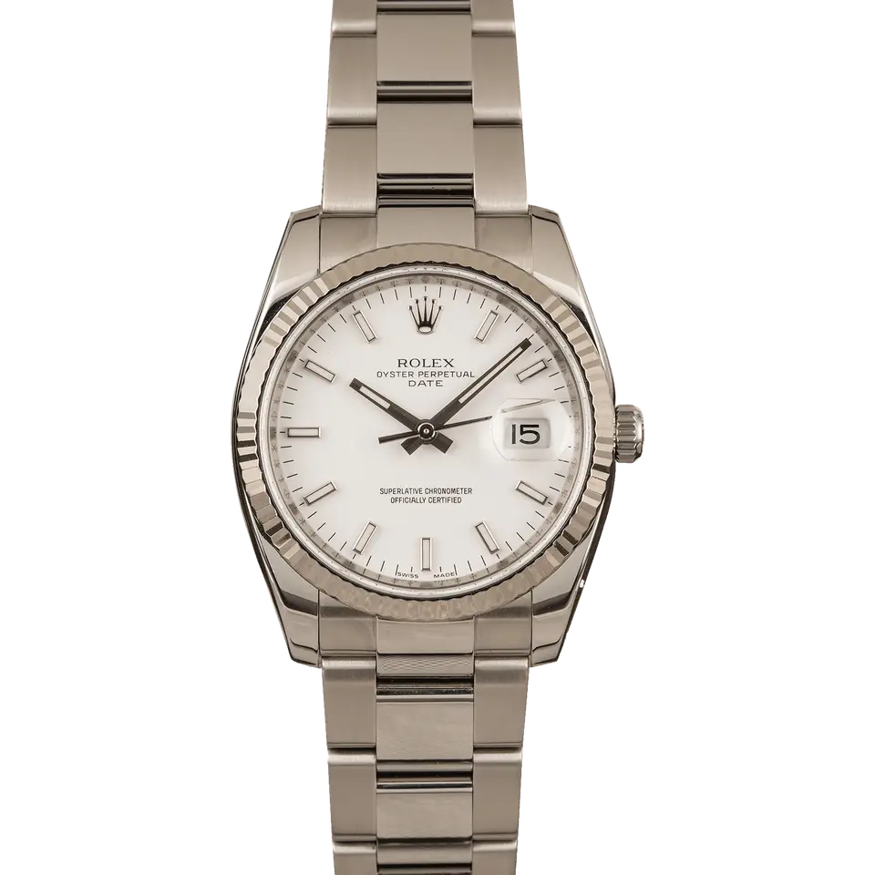 Rolex Oyster Perpetual Date 34 115234 with a white dial with date window and fluted white gold bezel on a steel Oyster bracelet, a pre-owned example, front view of the whole watch