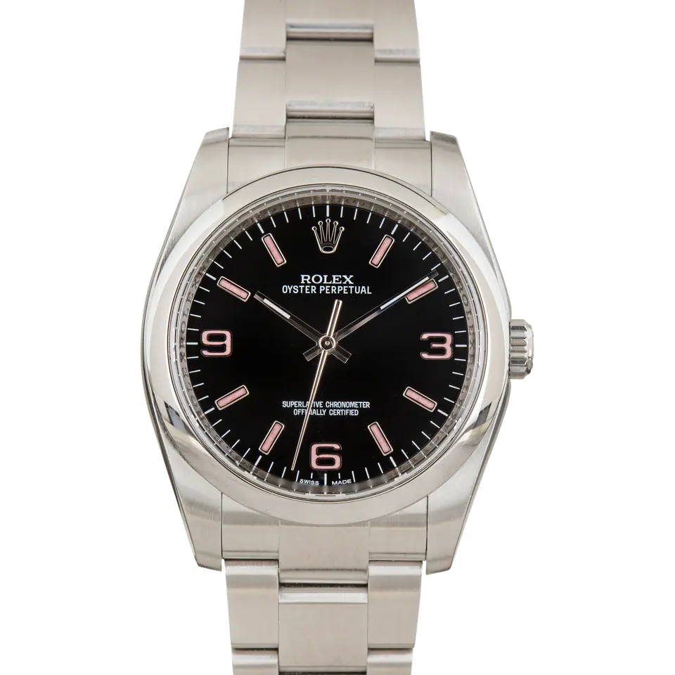 Rolex Oyster Perpetual 36 116000 with a black dial with 3, 6 and 9 numerals and smooth steel bezel on an Oyster bracelet, a pre-owned example, front view of the whole watch